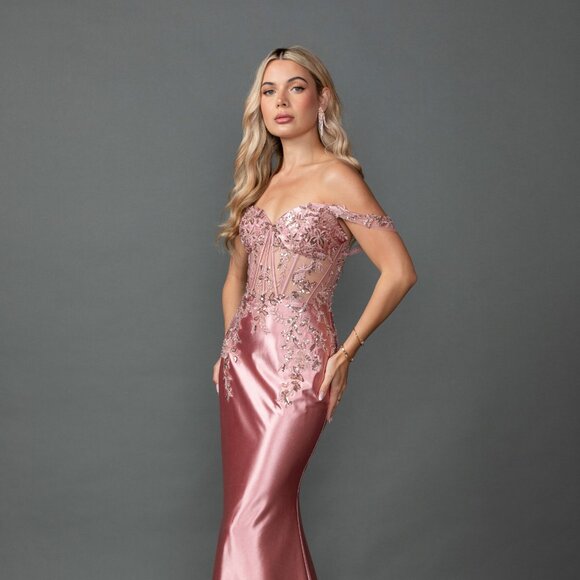 New Off Shoulder Maxi Prom Gown w/ Floral Lace Over Sheer Boned Bodice DQ 4540 - Picture 1 of 9